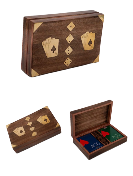 Elevate your game nights with this beautifully crafted Wooden Card & Dice Box featuring elegant brass accents. Made from high-quality natural wood, this storage box combines durability with timeless design. The polished finish and brass inlay detailing give it a classic vintage appeal, making it both functional and decorative.